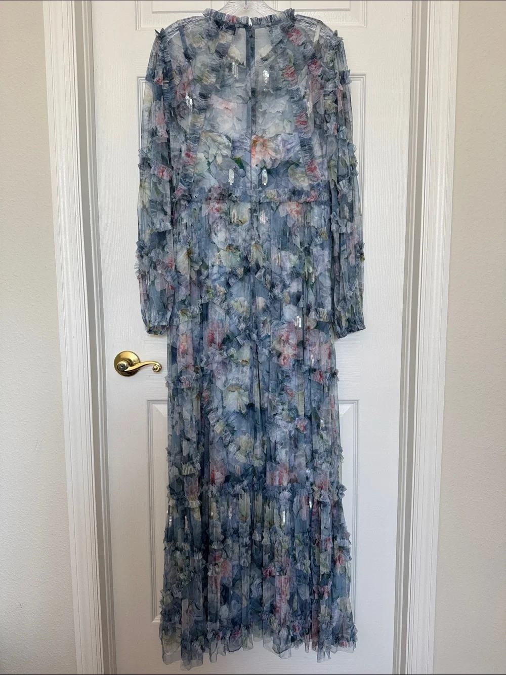 Mac Duggal 8098 Blue Floral Long Sleeve High Neck Ruffle Maxi Dress Size 12 NWOT